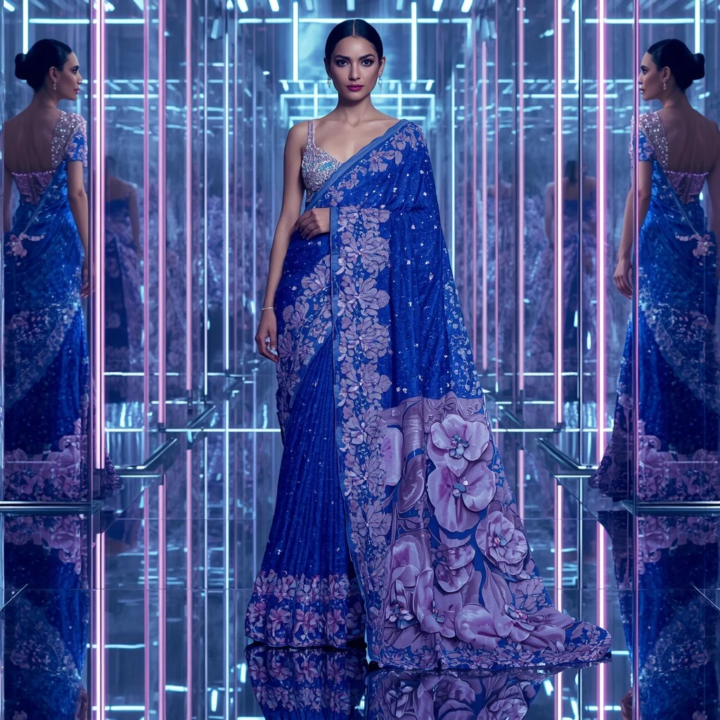 Sapphire Lotus Dynasty Saree with Infinity Crystal Universe | Indian Girl Saree Ai Prompt 4k Realistic