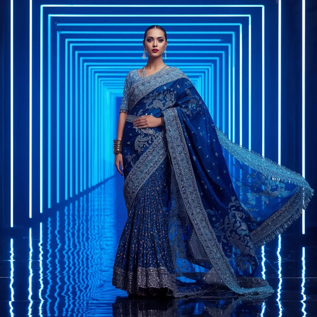 Sapphire Mirage Royale Saree with Neon Infinity Sanctuary | Gemini Saree Prompt Photo