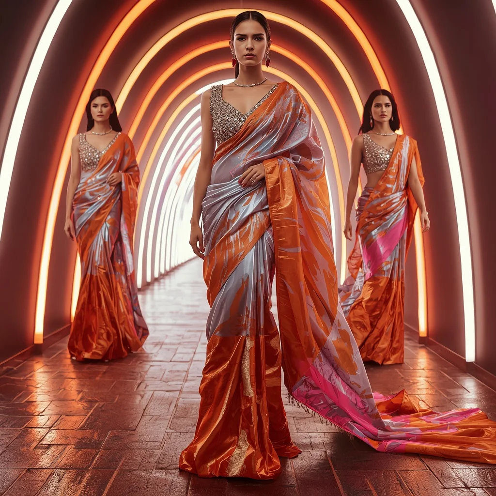 Silver Flame Illusion Saree with Dynamic Neon Tunnel | Gemini Ai Prompt Copy Paste