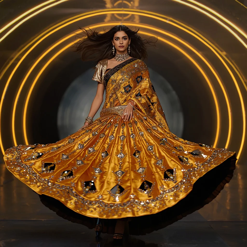 Solar Eclipse Crystal Saree with Infinity Arc Dome | Traditional Saree Ai Prompt