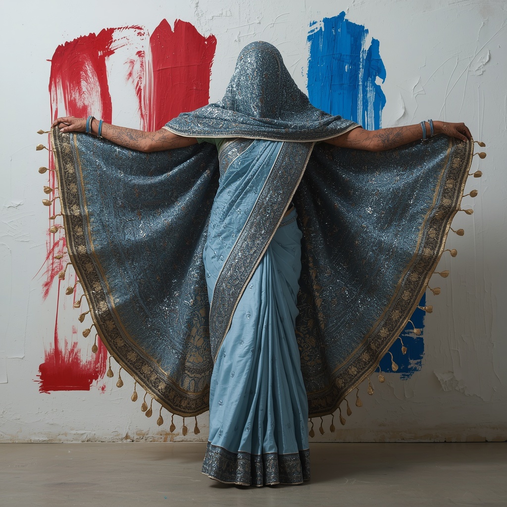 Solid Armor Crushed Sapphire & Thick Zardozi Pastel Sky Blue Saree | Rigid Cape Spread Walk Pose | Beautiful Saree Girl Ai Prompt