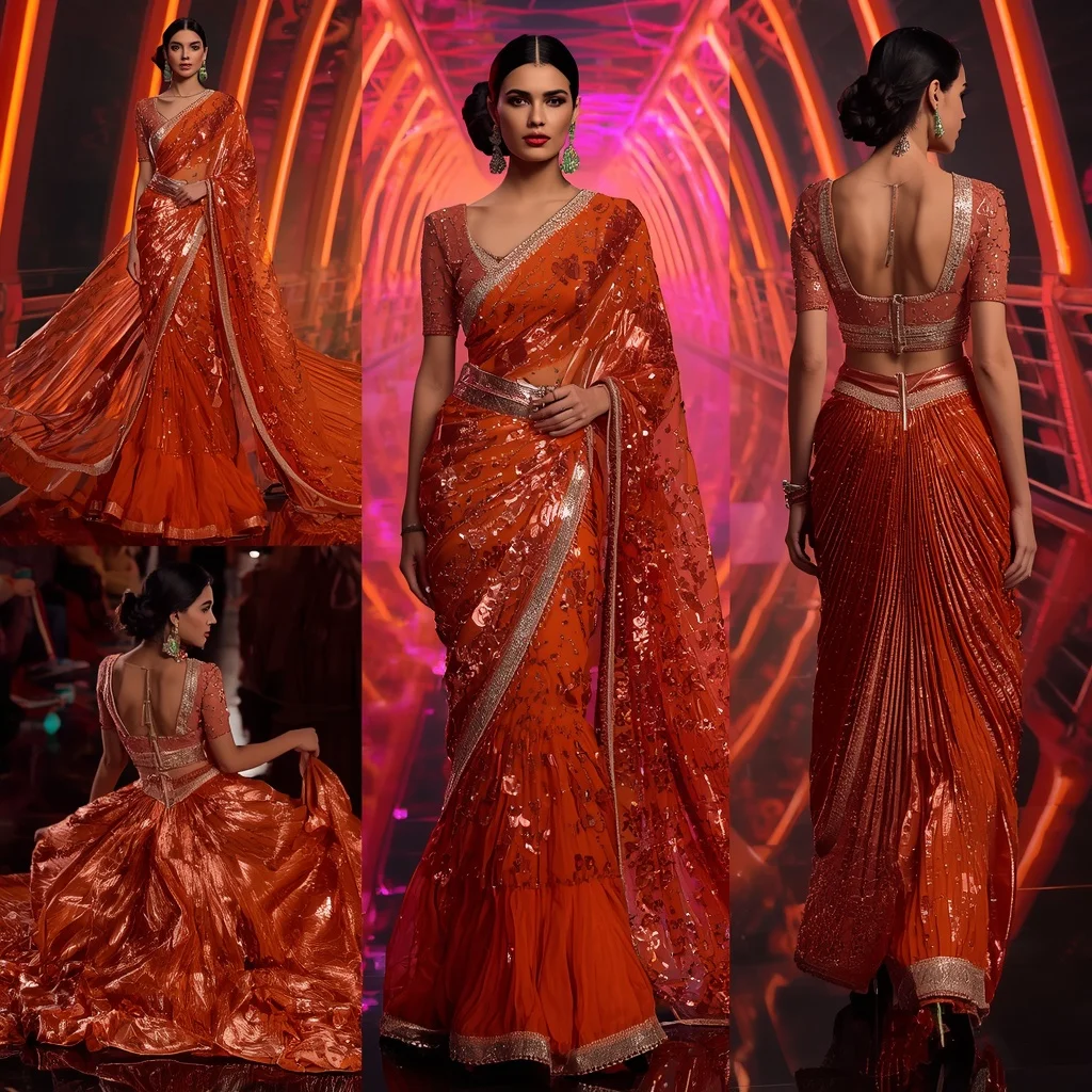 Sunset Ember Fantasy Saree with Neon Reflection Bridge | Face Ai Prompt