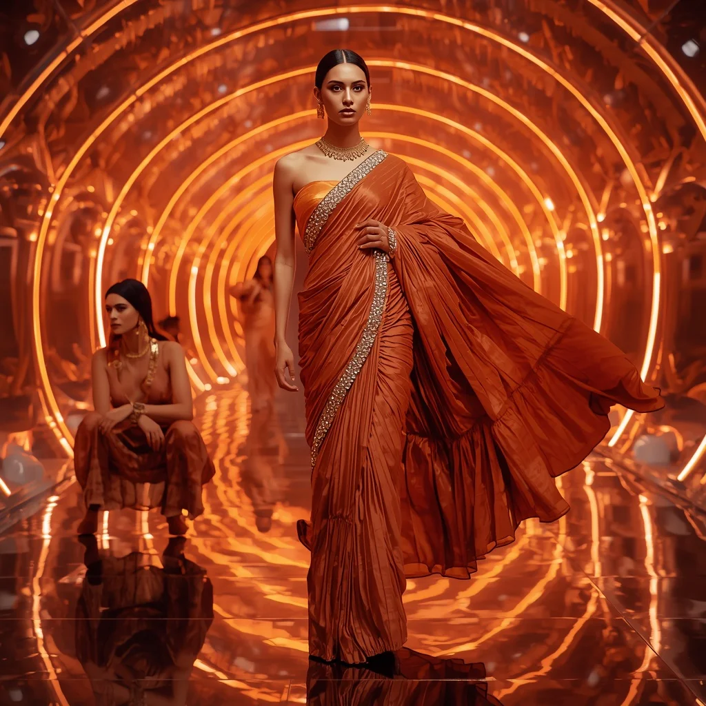 Sunset Ember Saree with Glowing Reflective Hall | Instagram Highlight Cover Ai Prompt
