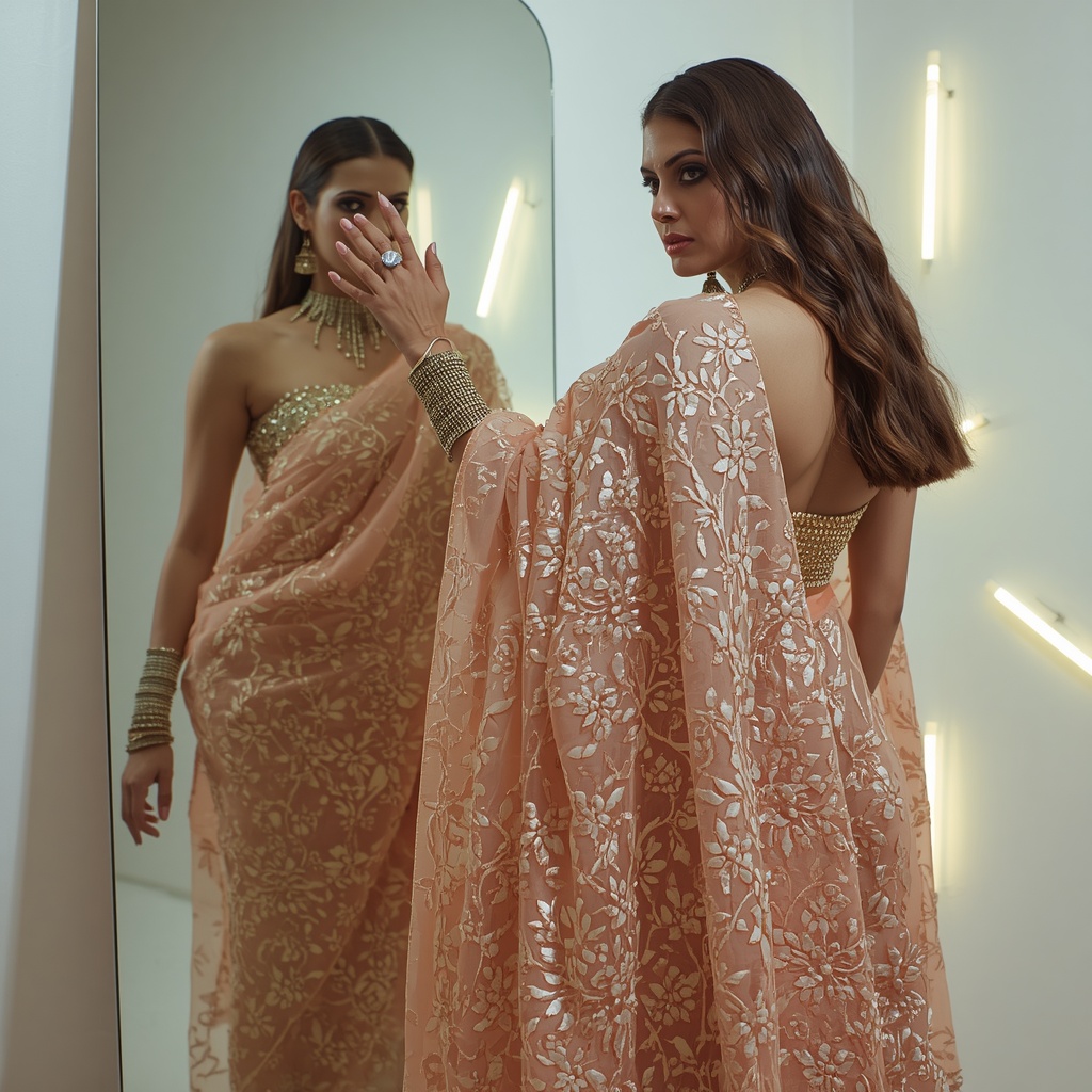 Thick Laser-Cut Leather Floral & Heavy Pearl Pastel Peach Saree | Intense Mirror Touch Pose | Gemini Saree Prompt For Woman