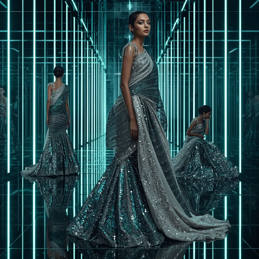 Titanium Aurora Saree with Infinite Reflective Corridor | New Design Ai Prompt
