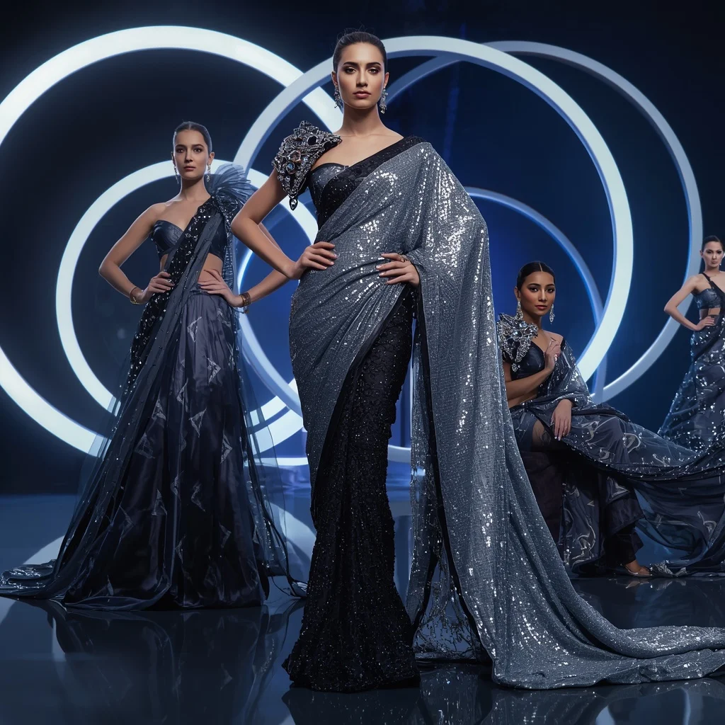 Titanium Eclipse Saree with Futuristic Infinity Rings | Prompt Generator