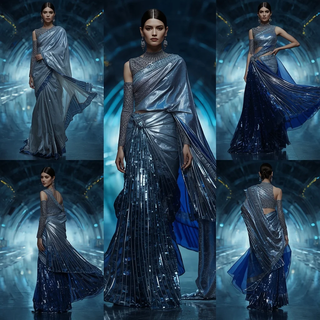 Titanium Mirage Saree with Curved Neon Bridges | Gemini Ai Photo