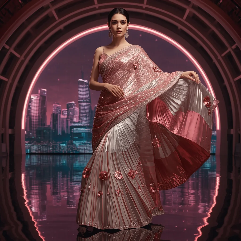 Titanium Rose Quantum Saree with Arc Dome Skyline Architecture | ChatGPT Ai Prompt