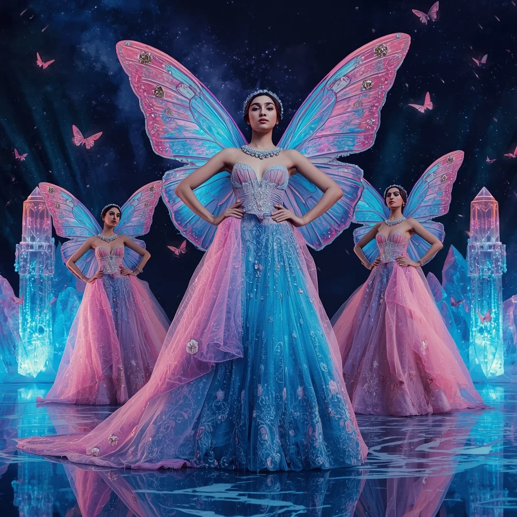 Ultra Royal Aurora Butterfly Empress Saree with Multiple Editorial Poses and Floating Crystal Universe Background | 4k Ai Prompt