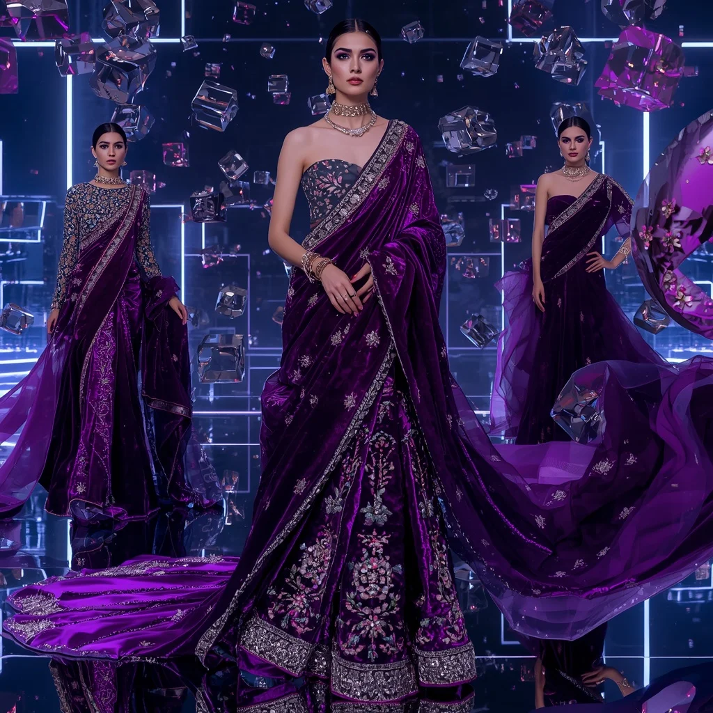 Velvet Galaxy Saree with Floating LED Cubes | Youtube Thumbnail Ai Prompt