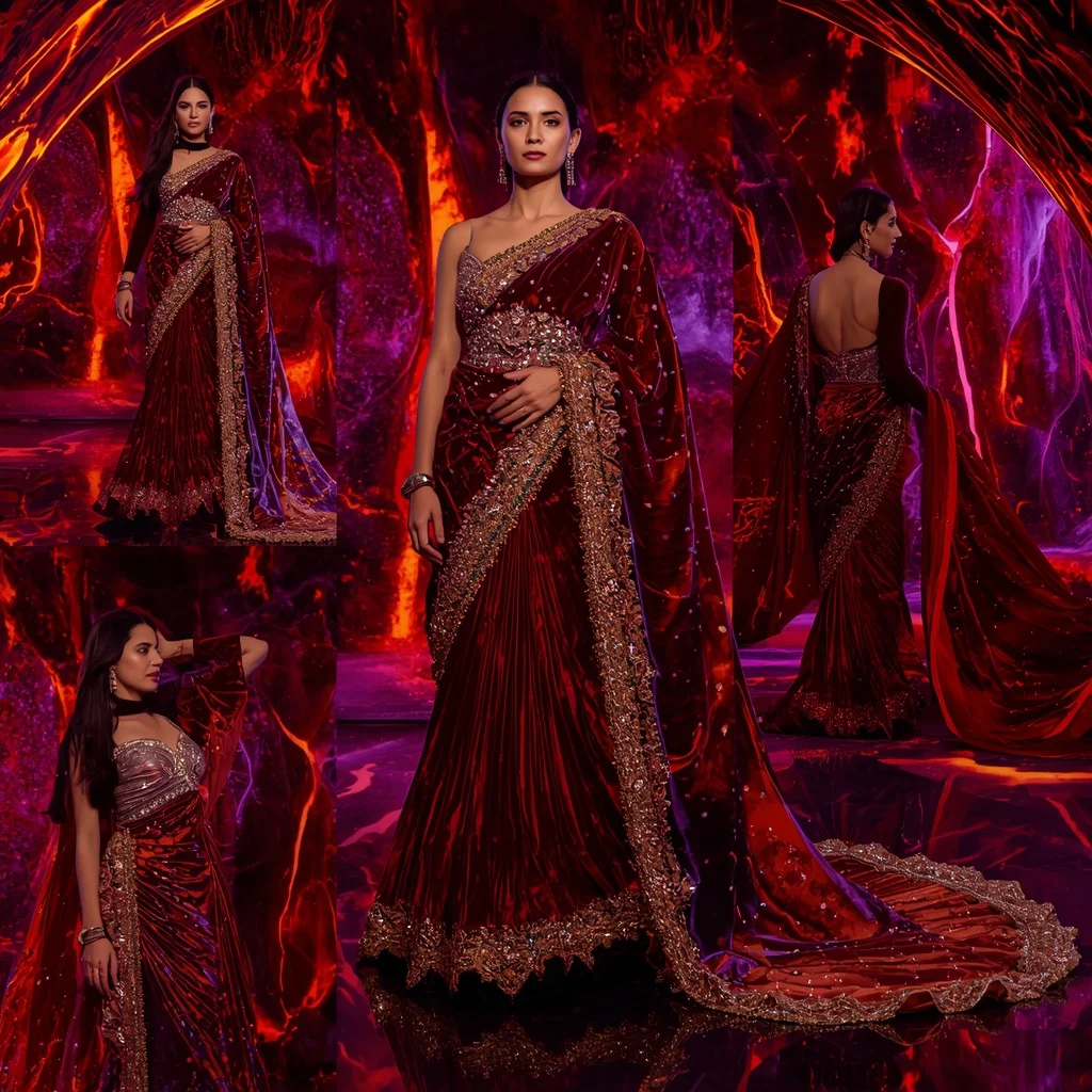 Velvet Inferno Cascade Saree with Neon Lava Chamber | Gemini Ai Prompt For Girl