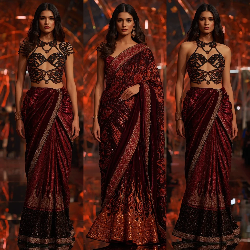 Velvet Inferno Metallic Saree with Floating Laser Dome | Gemini Ai Prompt For Instagram