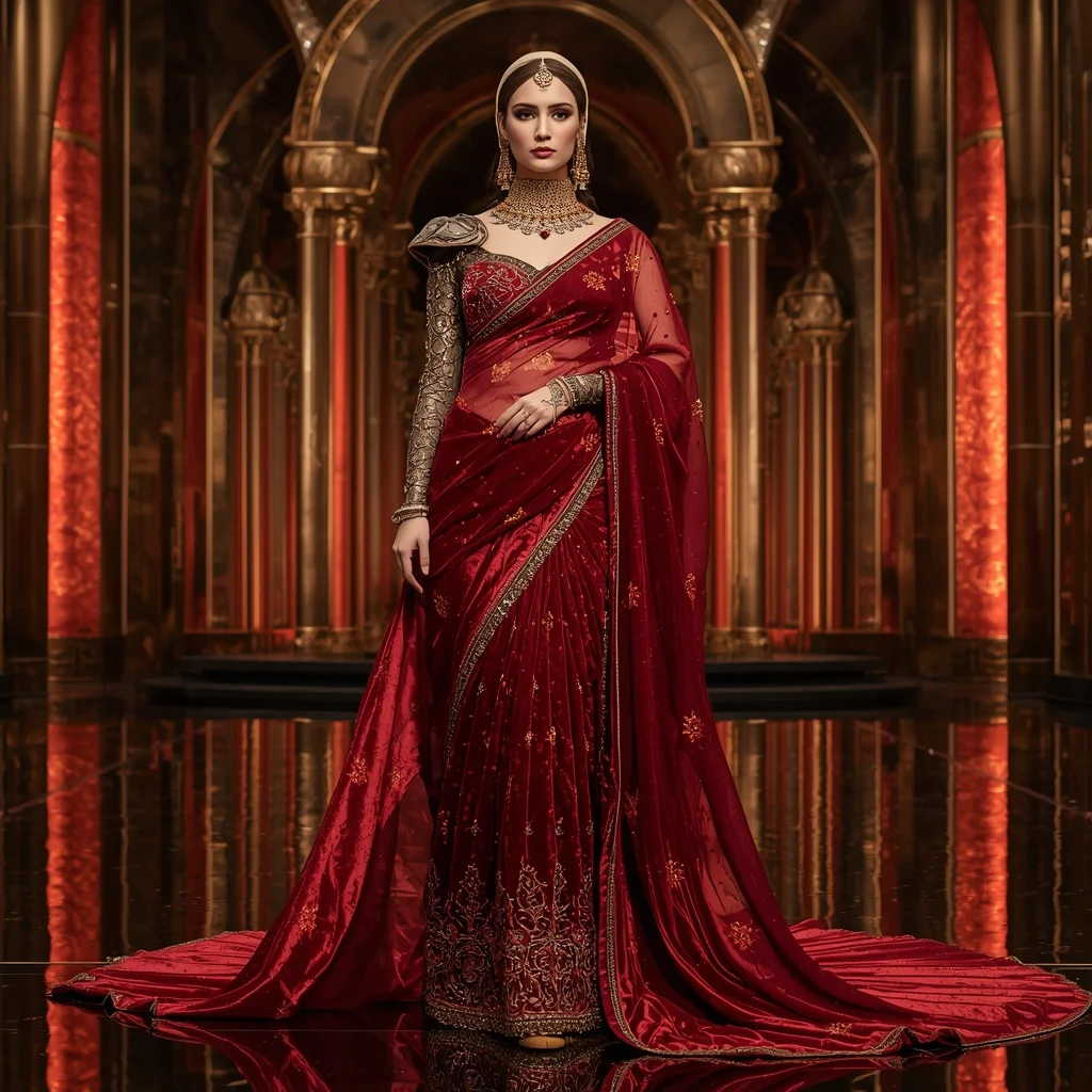 Velvet Scarlet Imperial Saree with Luxe Solar Crown Dominion | Instagram Photography Ai Prompt