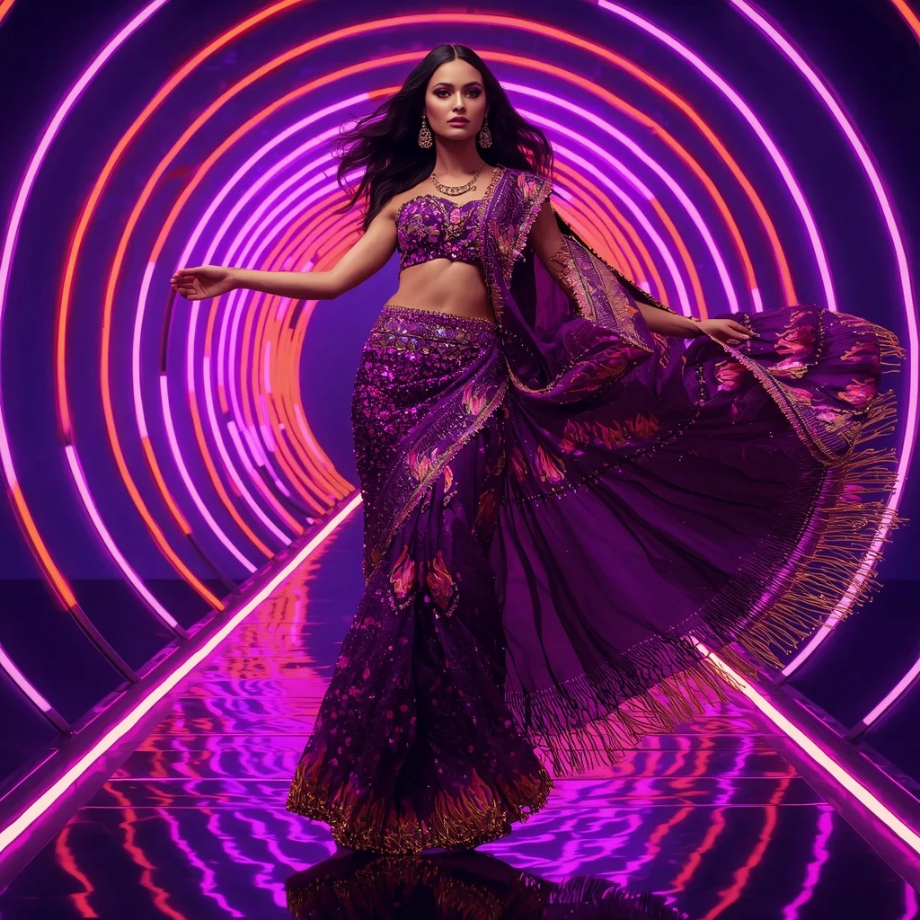 Violet Flame Prism Saree with Neon Spiral Runway | Romantic Ai Prompt