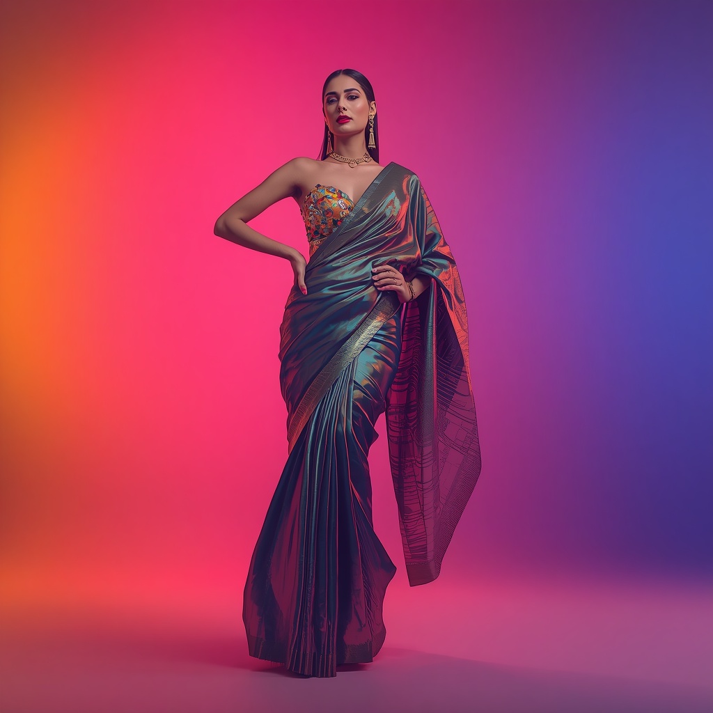 Viral Festival Fancy Saree: Liquid Mercury Silk with 3D Cyber-Zardozi Armor | 3d Animation Ai Prompt