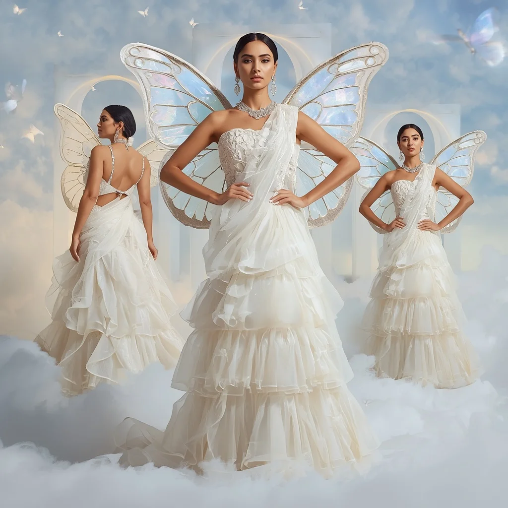 White Opal Butterfly Angel Saree with Multi Pose Heavenly Editorial and Cloud Kingdom Background | Instagram Aesthetic Ai Prompt